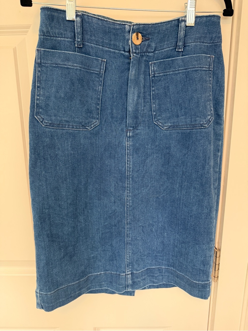 Maeve Medium Blue Denim Midi Pencil Skirt with Front Patch Pockets